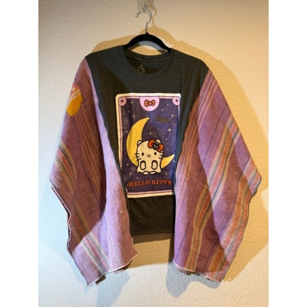Custom Hello Kitty Halloween Kantha Quilt Sleeve Upcycled Graphic Tee One Size
